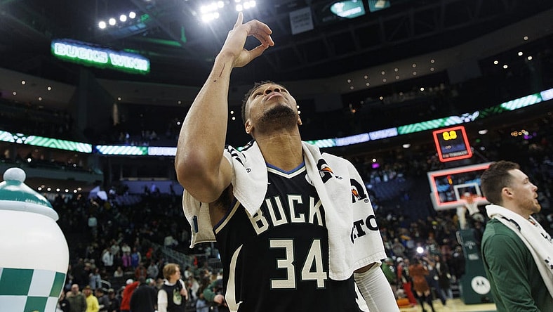 Dec 19, 2023; Milwaukee, Wisconsin, USA;  Milwaukee Bucks forward Giannis Antetokounmpo (34) celebrates following the game against the San Antonio Spurs at Fiserv Forum. Mandatory Credit: Jeff Hanisch-USA TODAY Sports