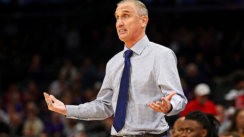 Dec 20, 2023; Phoenix, Arizona, USA; Arizona State Sun Devils head coach Bobby Hurley reacts from the sideline during the first half of the game against the Northwestern Wildcats during the Hall of Series at Footprint Center. Mandatory Credit: Mark J. Rebilas-USA TODAY Sports