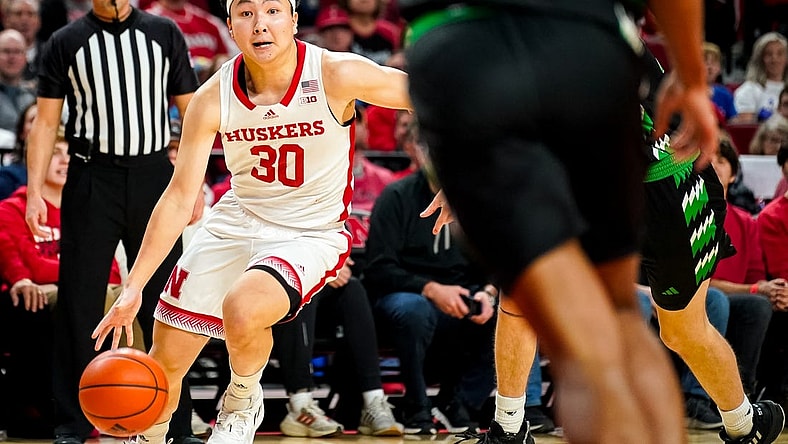 Dec 20, 2023; Lincoln, Nebraska, USA; Nebraska Cornhuskers guard Jamarques Lawrence (10) drives against the North Dakota Fighting Hawks during the first half at Pinnacle Bank Arena. Mandatory Credit: Dylan Widger-USA TODAY Sports