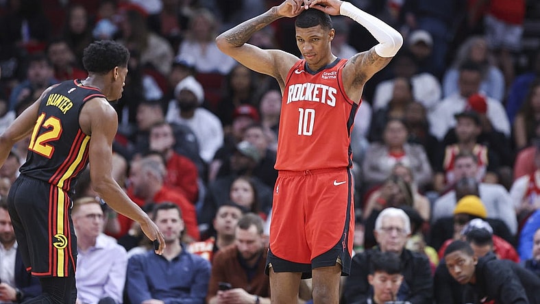 Dec 20, 2023; Houston, Texas, USA; Houston Rockets forward Jabari Smith Jr. (10) reacts after a play during the second quarter against the Atlanta Hawks at Toyota Center. Mandatory Credit: Troy Taormina-USA TODAY Sports