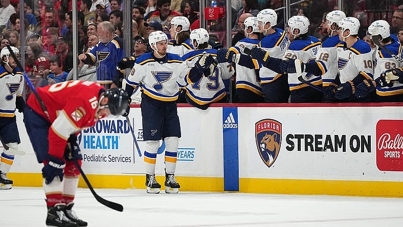 Dec 21, 2023; Sunrise, Florida, USA; St. Louis Blues left wing Pavel Buchnevich (89) celebrates his goal against the Florida Panthers with teamates on the bench during the second period at Amerant Bank Arena. Mandatory Credit: Jasen Vinlove-USA TODAY Sports