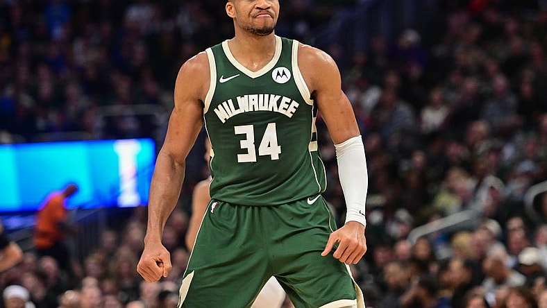 Dec 21, 2023; Milwaukee, Wisconsin, USA;  Milwaukee Bucks forward Giannis Antetokounmpo (34) reacts after scoring a basket in the second quarter against the Orlando Magic at Fiserv Forum. Mandatory Credit: Benny Sieu-USA TODAY Sports