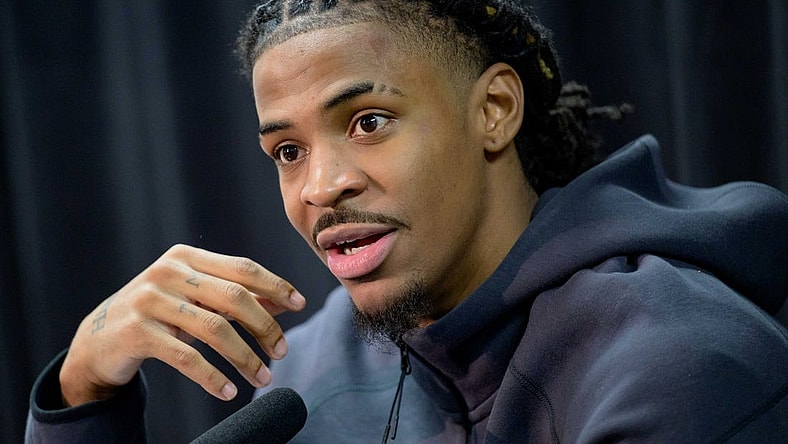 Dec 19, 2023; New Orleans, Louisiana, USA; Memphis Grizzlies guard Ja Morant attends a post-game press conference after defeating the New Orleans Pelicans at the Smoothie King Center. Mandatory Credit: Matthew Hinton-USA TODAY Sports