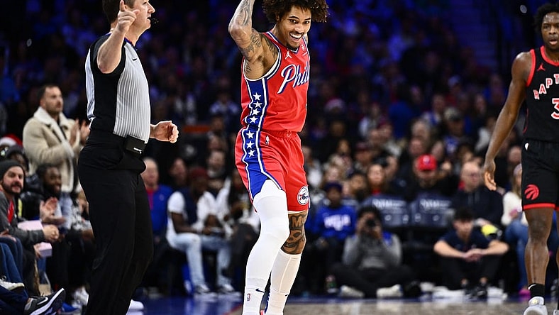 Dec 22, 2023; Philadelphia, Pennsylvania, USA; Philadelphia 76ers guard Kelly Oubre Jr (9) reacts against the Toronto Raptors in the second quarter at Wells Fargo Center. Mandatory Credit: Kyle Ross-USA TODAY Sports