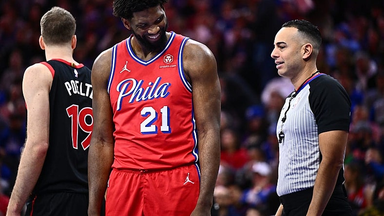 Dec 22, 2023; Philadelphia, Pennsylvania, USA; Philadelphia 76ers center Joel Embiid (21) reacts against the Toronto Raptors in the third quarter at Wells Fargo Center. Mandatory Credit: Kyle Ross-USA TODAY Sports