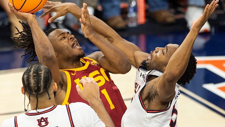 USC Trojans player Isaiah Collier (1) goes up for a layup as Auburn Tigers take on USC Trojans at Neville Arena in Auburn, Ala., on Sunday, Dec. 17, 2023. Auburn Tigers defeated USC Trojans 91-75.
