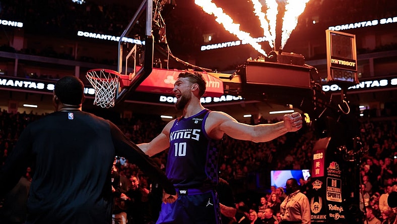 Dec 22, 2023; Sacramento, California, USA; Sacramento Kings forward Domantas Sabonis (10) during player introductions before the game against the Phoenix Suns at Golden 1 Center. Mandatory Credit: Sergio Estrada-USA TODAY Sports
