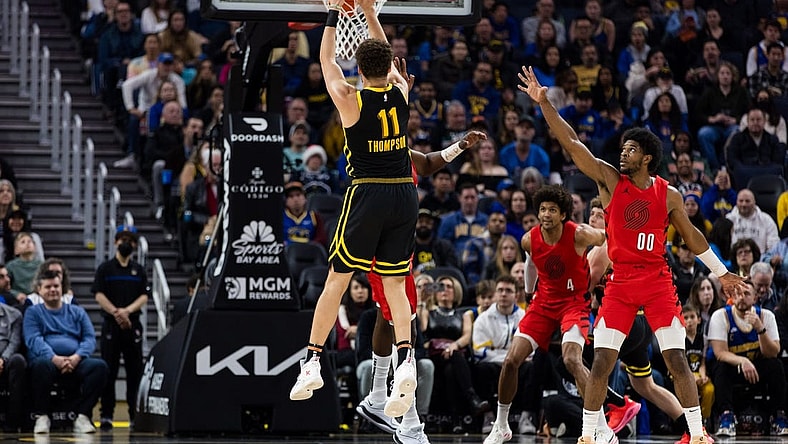 Dec 23, 2023; San Francisco, California, USA; Golden State Warriors forward Klay Thompson (11) takes a three-point shot against the Portland Trail Blazers during the first half at Chase Center. Mandatory Credit: John Hefti-USA TODAY Sports