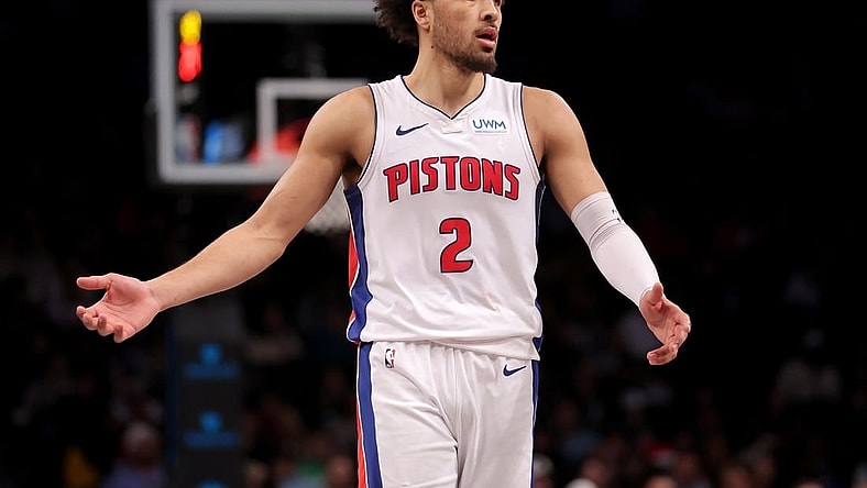 Dec 23, 2023; Brooklyn, New York, USA; Detroit Pistons guard Cade Cunningham (2) reacts during the fourth quarter against the Brooklyn Nets at Barclays Center. Mandatory Credit: Brad Penner-USA TODAY Sports