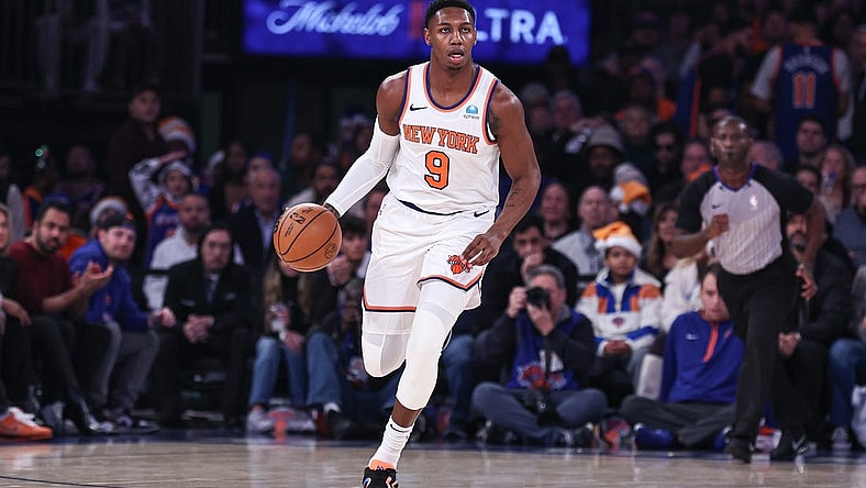 Dec 25, 2023; New York, New York, USA; New York Knicks guard RJ Barrett (9) dribbles up court during the first quarter against the Milwaukee Bucks at Madison Square Garden. Mandatory Credit: Vincent Carchietta-USA TODAY Sports