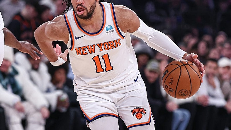 Dec 25, 2023; New York, New York, USA; New York Knicks guard Jalen Brunson (11) dribbles during the first quarter against the Milwaukee Bucks at Madison Square Garden. Mandatory Credit: Vincent Carchietta-USA TODAY Sports
