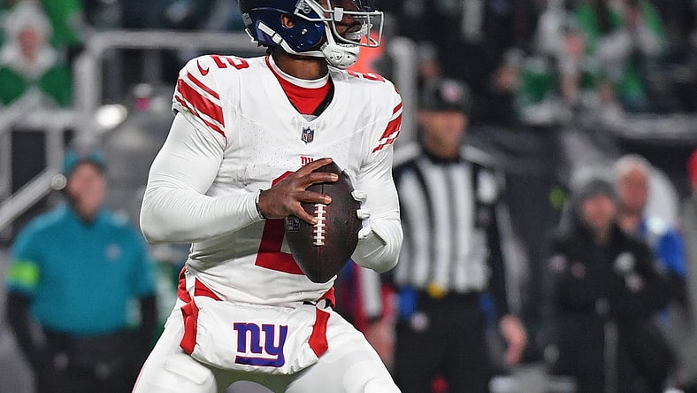Dec 25, 2023; Philadelphia, Pennsylvania, USA; New York Giants quarterback Tyrod Taylor (2) rolls out the pocket during the third quarter against the New York Giants at Lincoln Financial Field. Mandatory Credit: Eric Hartline-USA TODAY Sports
