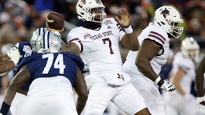 Dec 26, 2023; Dallas, TX, USA; Texas State Bobcats quarterback TJ Finley (7) throws a pass against the Rice Owls in the second quarter at Gerald J Ford Stadium. Mandatory Credit: Tim Heitman-USA TODAY Sports
