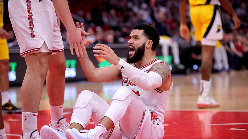 Dec 26, 2023; Houston, Texas, USA; Houston Rockets guard Fred VanVleet (5) reacts after a foul call against the Indiana Pacers during the fourth quarter at Toyota Center. Mandatory Credit: Erik Williams-USA TODAY Sports