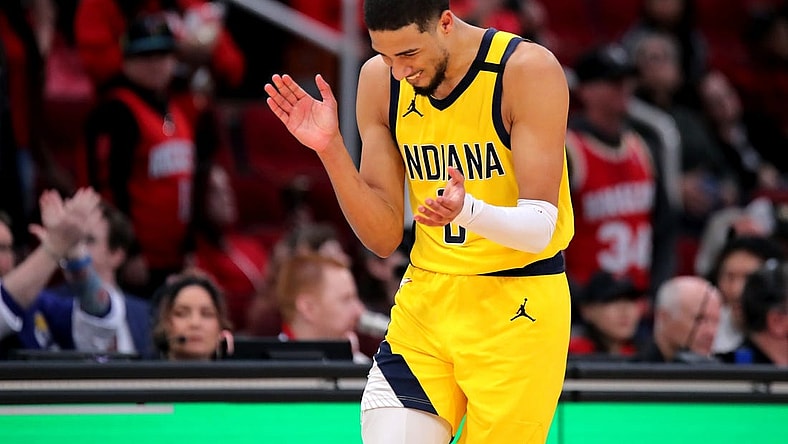 Dec 26, 2023; Houston, Texas, USA; Indiana Pacers guard Tyrese Haliburton (0) reacts in the final seconds against the Houston Rockets during the fourth quarter at Toyota Center. Mandatory Credit: Erik Williams-USA TODAY Sports