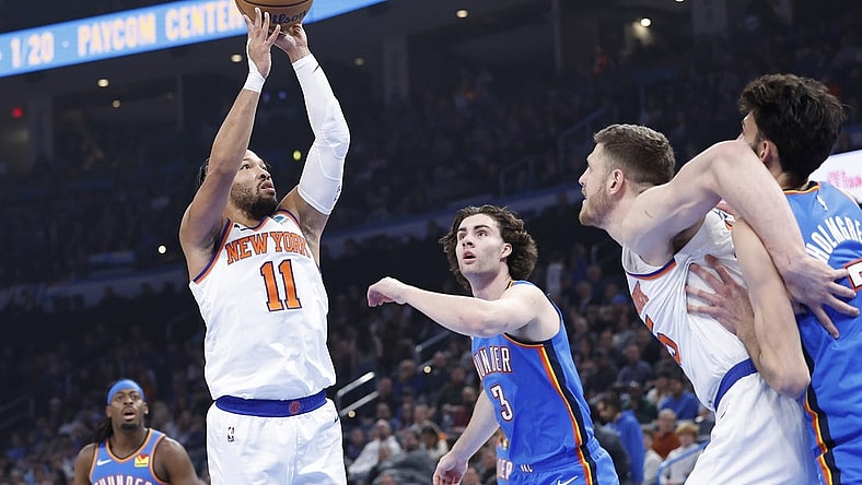 Dec 27, 2023; Oklahoma City, Oklahoma, USA; New York Knicks guard Jalen Brunson (11) shoots against the Oklahoma City Thunder during the first quarter at Paycom Center. Mandatory Credit: Alonzo Adams-USA TODAY Sports