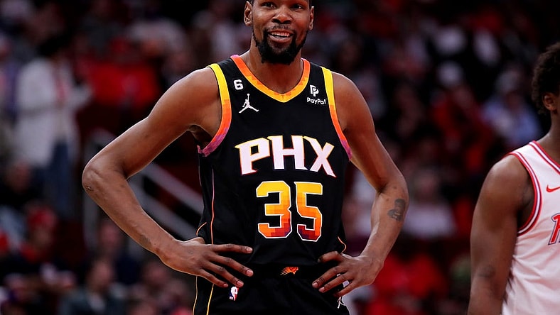 Dec 27, 2023; Houston, Texas, USA; Phoenix Suns forward Kevin Durant (35) during the first quarter against the Houston Rockets at Toyota Center. Mandatory Credit: Erik Williams-USA TODAY Sports