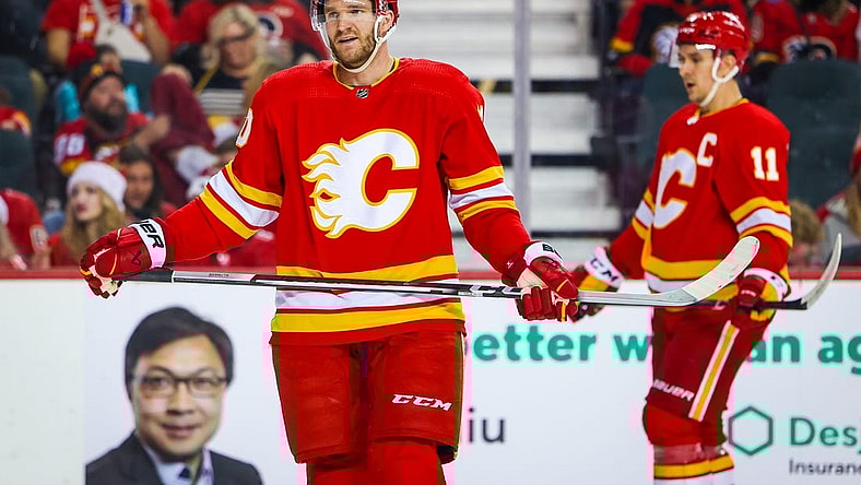 Dec 27, 2023; Calgary, Alberta, CAN; Calgary Flames center Jonathan Huberdeau (10) during the first period against the Seattle Kraken at Scotiabank Saddledome. Mandatory Credit: Sergei Belski-USA TODAY Sports