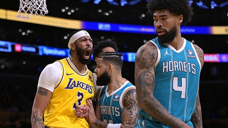 Dec 28, 2023; Los Angeles, California, USA;  Charlotte Hornets forward Cody Martin (11) gets in front of Los Angeles Lakers forward Anthony Davis (3) as he reacts after a dunk over Charlotte Hornets center Nick Richards (4) in the first half at Crypto.com Arena. Mandatory Credit: Jayne Kamin-Oncea-USA TODAY Sports