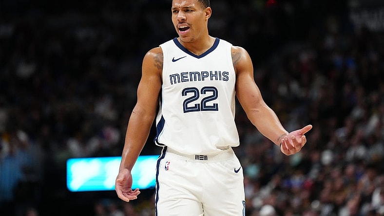 Dec 28, 2023; Denver, Colorado, USA; Memphis Grizzlies guard Desmond Bane (22) reacts in the second half against the Denver Nuggets at Ball Arena. Mandatory Credit: Ron Chenoy-USA TODAY Sports
