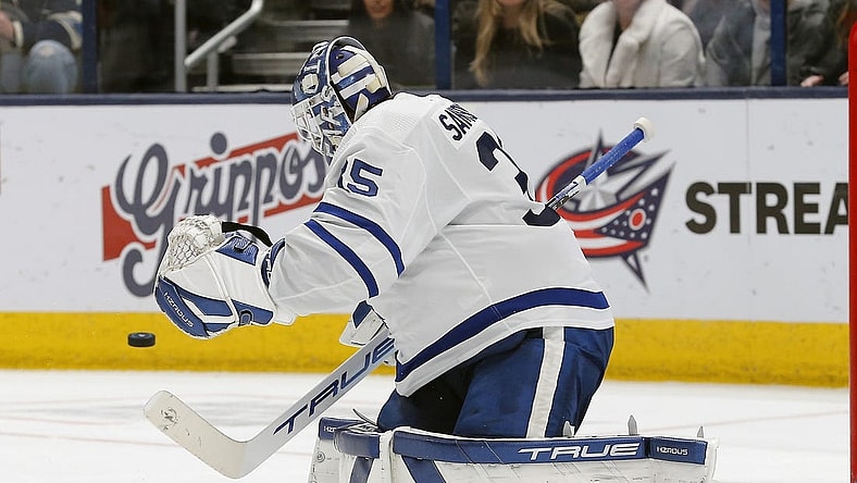 Dec 29, 2023; Columbus, Ohio, USA; Toronto Maple Leafs goalie Ilya Samsonov (35) makes a save against the Columbus Blue Jackets during the third period at Nationwide Arena. Mandatory Credit: Russell LaBounty-USA TODAY Sports