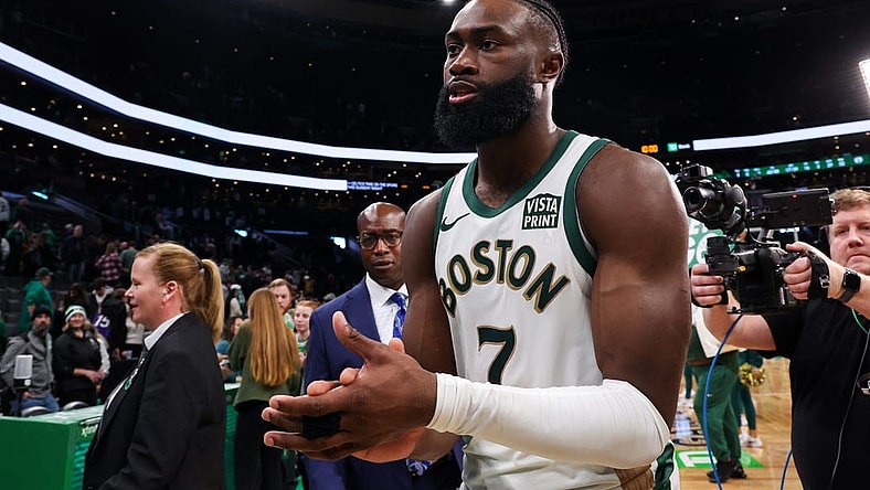 Dec 29, 2023; Boston, Massachusetts, USA; Boston Celtics forward Jaylen Brown (7) reacts after defeating the Toronto Raptors at TD Garden. Mandatory Credit: Paul Rutherford-USA TODAY Sports