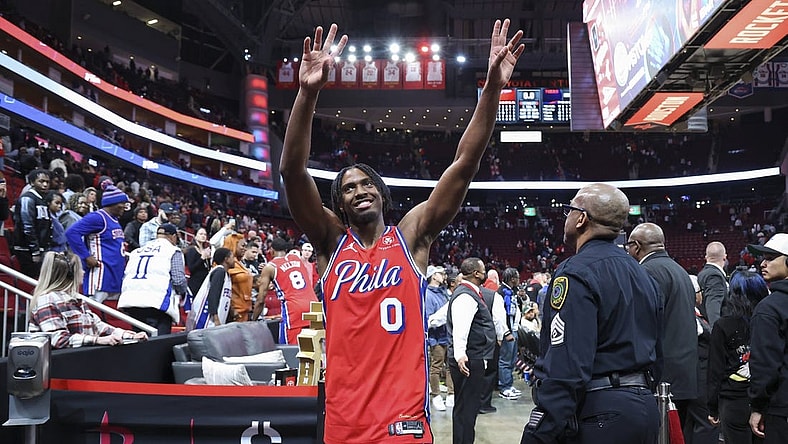 Dec 29, 2023; Houston, Texas, USA; Philadelphia 76ers guard Tyrese Maxey (0) walks off the court after the game against the Houston Rockets at Toyota Center. Mandatory Credit: Troy Taormina-USA TODAY Sports