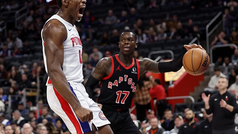 Dec 30, 2023; Detroit, Michigan, USA; Detroit Pistons center Jalen Duren (0) celebrates after he dunks in the first half against the Toronto Raptors at Little Caesars Arena. Mandatory Credit: Rick Osentoski-USA TODAY Sports