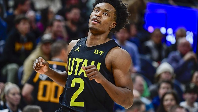 Dec 31, 2022; Salt Lake City, Utah, USA; Utah Jazz guard Collin Sexton (2) runs down court against the Miami Heat during the second half at Vivint Arena. Mandatory Credit: Christopher Creveling-USA TODAY Sports