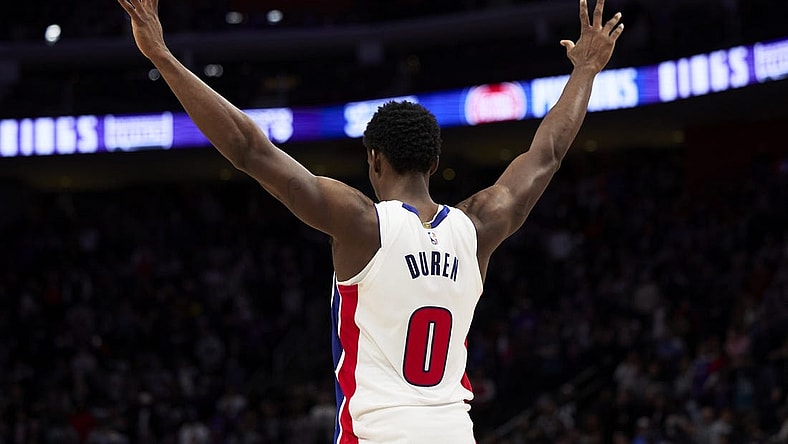 Dec 30, 2023; Detroit, Michigan, USA;  Detroit Pistons center Jalen Duren (0) celebrates in the second half against the Toronto Raptors at Little Caesars Arena. Mandatory Credit: Rick Osentoski-USA TODAY Sports