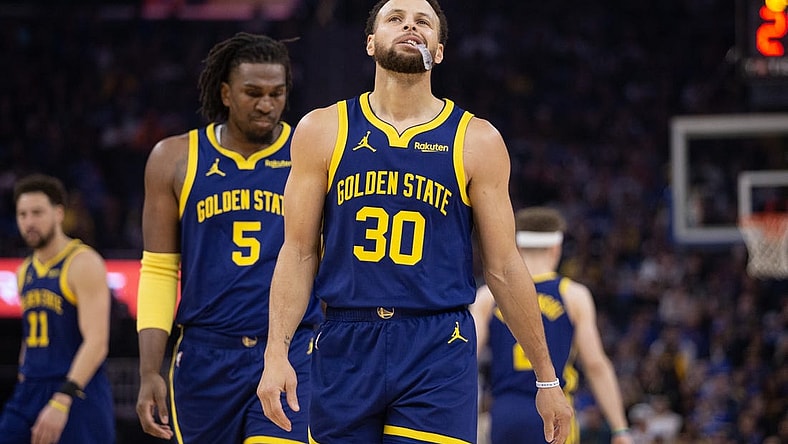 Dec 30, 2023; San Francisco, California, USA; Golden State Warriors guard Stephen Curry (30) reacts after missing a 3-point basket attempt against the Dallas Mavericks during the first quarter at Chase Center. Mandatory Credit: D. Ross Cameron-USA TODAY Sports