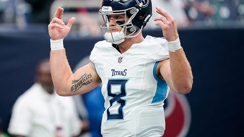Tennessee Titans quarterback Will Levis (8) warms up before a game against the Houston Texans at NRG Stadium in Houston, Texas., Sunday, Dec. 31, 2023.