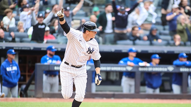 DJ LeMahieu celebrates a game-winning hit.