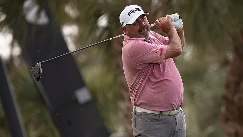 Angel Cabrera of Villa Allende, Cordoba, Argentina, tees off at the 10th hole during the first day of the Chubb Classic, Friday, Feb. 14, 2020, at Lely Resort in Lely, Florida.
Ndn 0213 Ja Chubb Classic 065