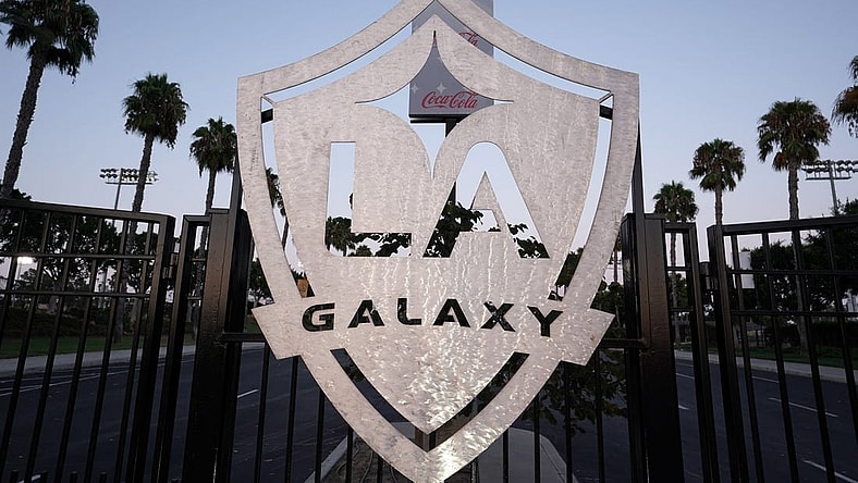 Aug 26, 2020; Carson, California, USA; A general view of LA Galaxy logo at the locked gates at Dignity Health Sports Park after the MLS game against the Seattle Sounders was postponed have been postponed in the wake of protests following the police shooting of Jacob Blake in Kenosha, Wisconsin. Mandatory Credit: Kirby Lee-USA TODAY Sports