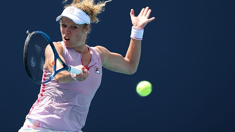 Mar 23, 2021; Miami, Florida, USA; Laura Siegemund of Germany hits a forehand against Christina McHale of the United States (not pictured) in the first round of the Miami Open at Hard Rock Stadium. Mandatory Credit: Geoff Burke-USA TODAY Sports
