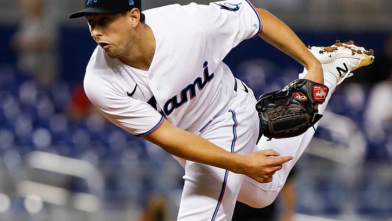 Jun 24, 2021; Miami, Florida, USA; Miami Marlins starting pitcher Cody Poteet (72) delivers a pitch during the first inning against the Miami Marlins at loanDepot Park. Mandatory Credit: Sam Navarro-USA TODAY Sports