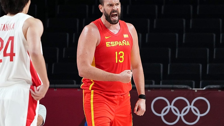 Jul 26, 2021; Saitama, Japan; Team Spain centre Marc Gasol (13) reacts after a play against Japan during the third quarter in men's basketball Group C play during the Tokyo 2020 Olympic Summer Games at Saitama Super Arena. Mandatory Credit: Kyle Terada-USA TODAY Sports