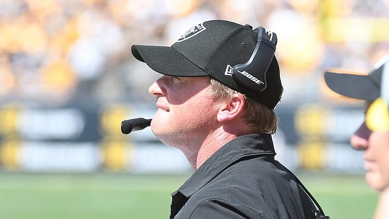 Sep 19, 2021; Pittsburgh, Pennsylvania, USA; Las Vegas Raiders head coach Jon Gruden watches the first quarter against the Pittsburgh Steelers at Heinz Field. Mandatory Credit: Philip G. Pavely-USA TODAY Sports