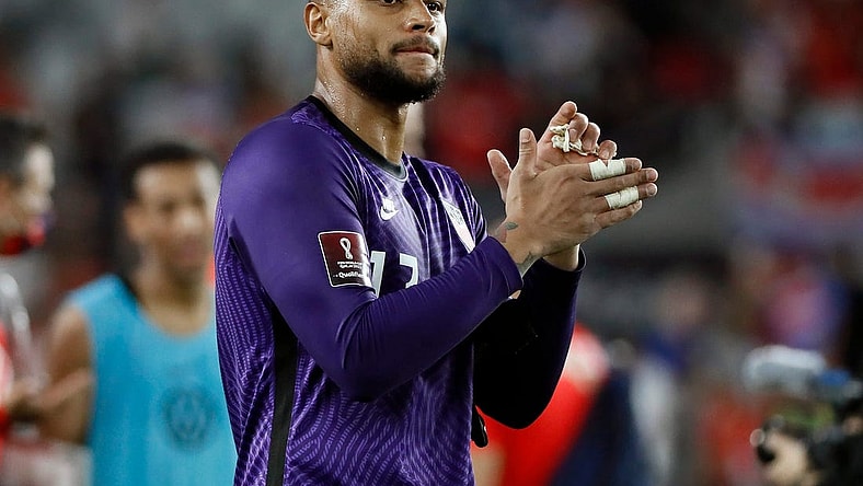 United States' goalkeeper Zack Steffen (13) celebrates a 2-1 win over Costa Rica in their World Cup qualifier at Lower.com Field in Columbus, Ohio on October 13, 2021.

Ceb Usa Soccer Kwr 44