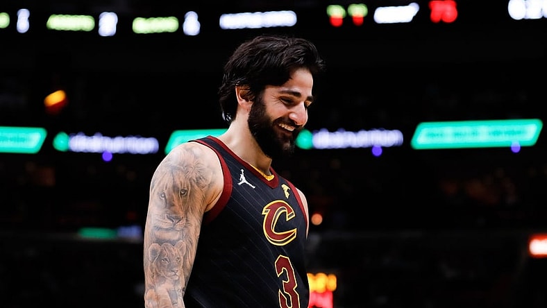 Dec 1, 2021; Miami, Florida, USA; Cleveland Cavaliers guard Ricky Rubio (3) reacts in the fourth quarter of the game against the Miami Heat at FTX Arena. Mandatory Credit: Sam Navarro-USA TODAY Sports