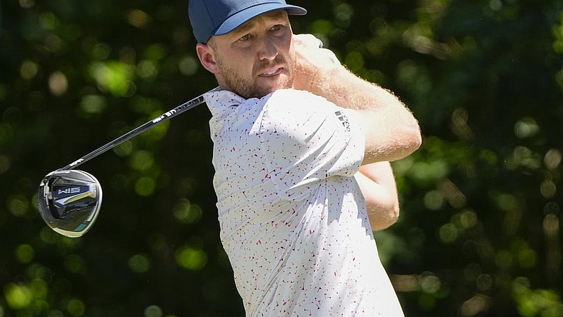 May 27, 2022; Fort Worth, Texas, USA; Daniel Berger plays his shot from the sixth tee during the second round of the Charles Schwab Challenge golf tournament. Mandatory Credit: Jim Cowsert-USA TODAY Sports