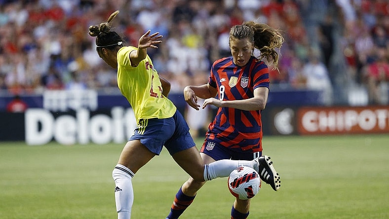 Jun 28, 2022; Sandy, Utah, USA; Columbia forward Elexa Bahr (23) and USA defender Sofia Huerta (8) battle in the first half during an international friendly soccer match at Rio Tinto Stadium. Mandatory Credit: Jeffrey Swinger-USA TODAY Sports