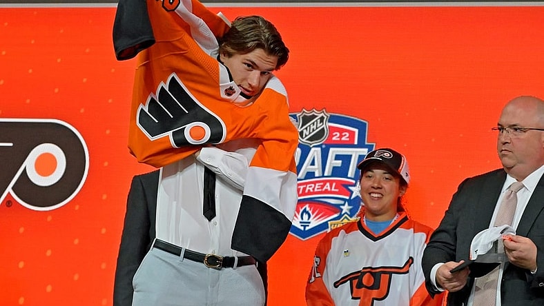 Jul 7, 2022; Montreal, Quebec, CANADA; Cutter Gauthier after being selected as the number five overall pick to the Philadelphia Flyers in the first round of the 2022 NHL Draft at Bell Centre. Mandatory Credit: Eric Bolte-USA TODAY Sports