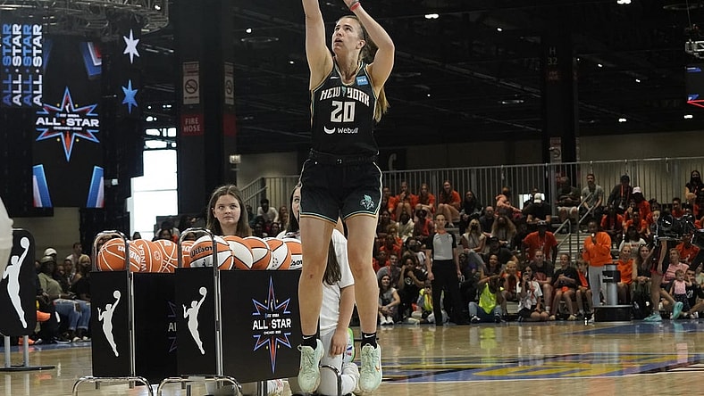Jul 9, 2022; Chicago, Ill, USA; Sabrina Ionescu competes during the 2022 WNBA All-Star Game skills competition at Wintrust Arena. Mandatory Credit: David Banks-USA TODAY Sports