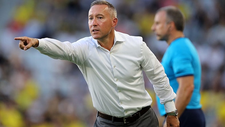 Jul 23, 2022; Columbus, Ohio, USA; Columbus Crew head coach Caleb Porter reacts during the game against New England Revolution during the first half at Lower.com Field. Mandatory Credit: Joseph Maiorana-USA TODAY Sports