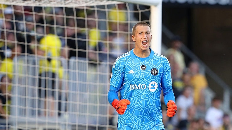 Aug 3, 2022; Columbus, Ohio, USA;  CF Montreal goalkeeper Sebastian Breza (1) reacts after a save during the first half against the Columbus Crew at Lower.com Field. Mandatory Credit: Joseph Maiorana-USA TODAY Sports