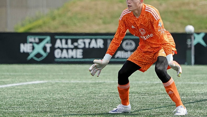 Aug 10, 2022; Blaine, MN, USA; MLS Next West player Adam Beaudry (1) of Colorado Rapids watches play against MLS Next East during the second half of the 2022 MLS NEXT All-Star Game at National Sports Center Indoor Sports Hall. Mandatory Credit: Kirby Lee-USA TODAY Sports