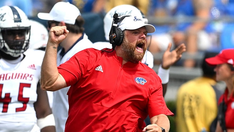 South Alabama Jaguars head coach Kane Wommack celebrates after a score against the UCLA Bruins in the second half at the Rose Bowl. Mandatory Credit: Jayne Kamin-Oncea-USA TODAY Sports