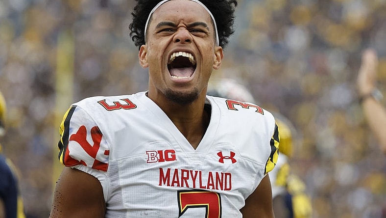 Sep 24, 2022; Ann Arbor, Michigan, USA; Maryland Terrapins quarterback Taulia Tagovailoa (3) celebrates in the first half against the Michigan Wolverines at Michigan Stadium. Mandatory Credit: Rick Osentoski-USA TODAY Sports